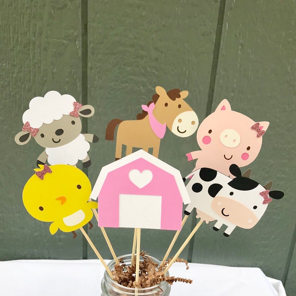 Girl farm animal centerpieces, girl farm party, girl barnyard birthday, pink horse, pig party, cow party, barnyard banner, pink farm party