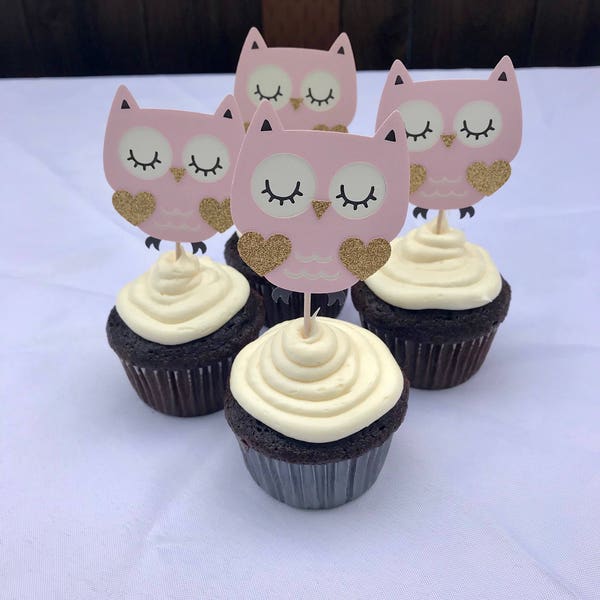 Blush pink/Gold owl cupcake toppers/woodland theme baby shower, pink owl baby shower, pink owl birthday, pink owl party