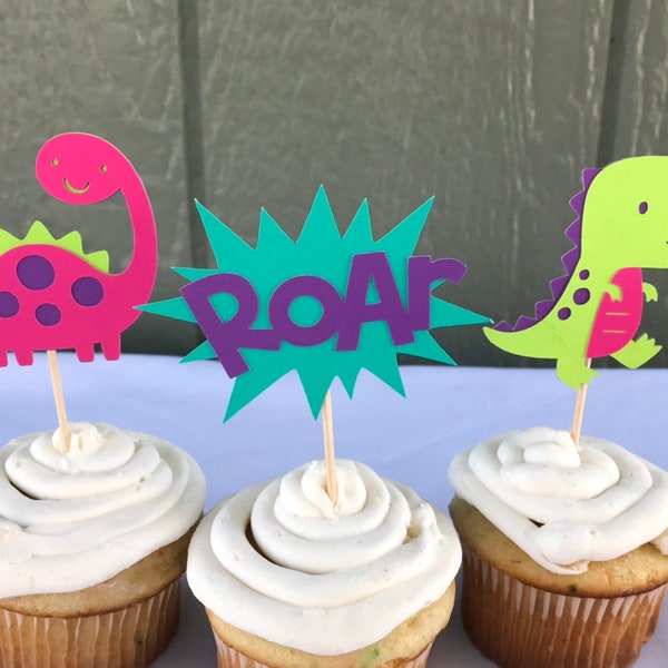 Bright colored girl dinosaur cupcake toppers, bright pink dinosaur, girl dinosaur, pink dinosaur birthday, purple dinosaur birthday,