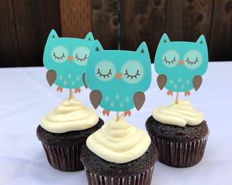 Blue owl cupcake topper, owl baby shower, owl birthday, owl party, owl centerpiece, owl banner,