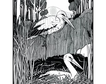 Stork Art Print - Enchanted Wood Lenormand, Oracle, Original Art Print, Pen and Ink, Stork, Water Birds, Marsh, Reeds, Wetlands