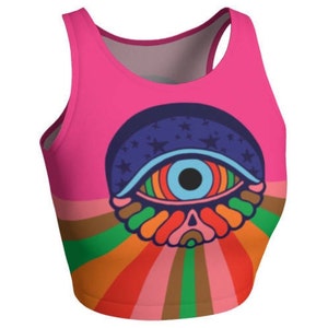 Psychedelic Eyes Yoga/Athletic Crop Top Crop Top, Yoga Top, Tank Top, Athletic Wear, Psychedelic, Colorful, Rainbow, Printed Tank, Trippy image 4