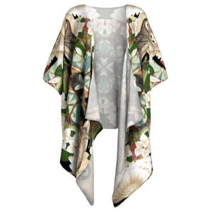 Owl + Moth Kimono Wrap - Draped Blouse, Beach Coverup, Shawl, Fringed Kimono, Kimono, Boho Kimono, Barn Owl, Moth, Floral Kimono