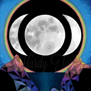 Moon Art Print - Instant Download, Forces Flora + Fauna, Oracle, Drawing Psychedelic Art, Moon Phases, Crescent Moon, Full Moon, Poster