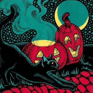 Vintage Halloween - Mini Art Print - Pumpkin, Marker Drawing, Original Art Print, Horror, Spooky, Black Cat, Tiny Art, Original, Cat, Moon