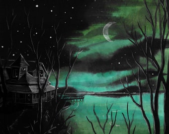 Haunted Lake House - Mini Art Print - Horror, Creepy, Original Art, haunted House, Spooky, Tiny Art, Cabin, Ghost Stories,  Lake House