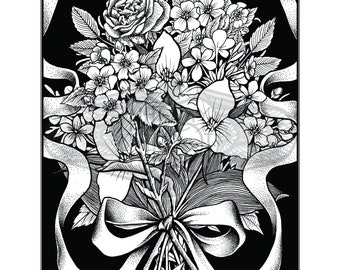 Bouquet Art Print - Enchanted Wood Lenormand, Oracle, Original Art Print, Pen and Ink, Flowers, Bouquet, Wildflowers, Ribbon, Victorian