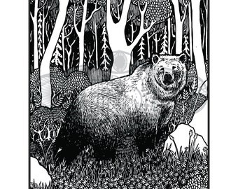 Bear Art Print - Enchanted Wood Lenormand, Oracle, Original Art Print, Pen and Ink, Bear, Woodland Animals, Forest, Woodland