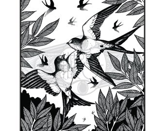 Birds Art Print - Enchanted Wood Lenormand, Oracle, Original Art Print, Pen and Ink, Birds, Barn Swallows, Flight, Birds in Flight, Woodland