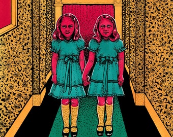 Twins - Mini Art Print - Horror, Creepy Kids, Original Art, Overlook Hotel, Spooky, Tiny Art, The Shining