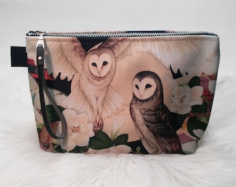 Owl + Moth Clutch/Makeup Bag - Zip-up Makeup Bag, Barn Owls, Magnolias, Moths, Full Moon, Makeup Bag, Clutch