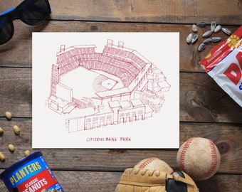 May include: A red and white line drawing of Citizens Bank Park, a baseball stadium, on a white background. The drawing is in a bird's eye view perspective.