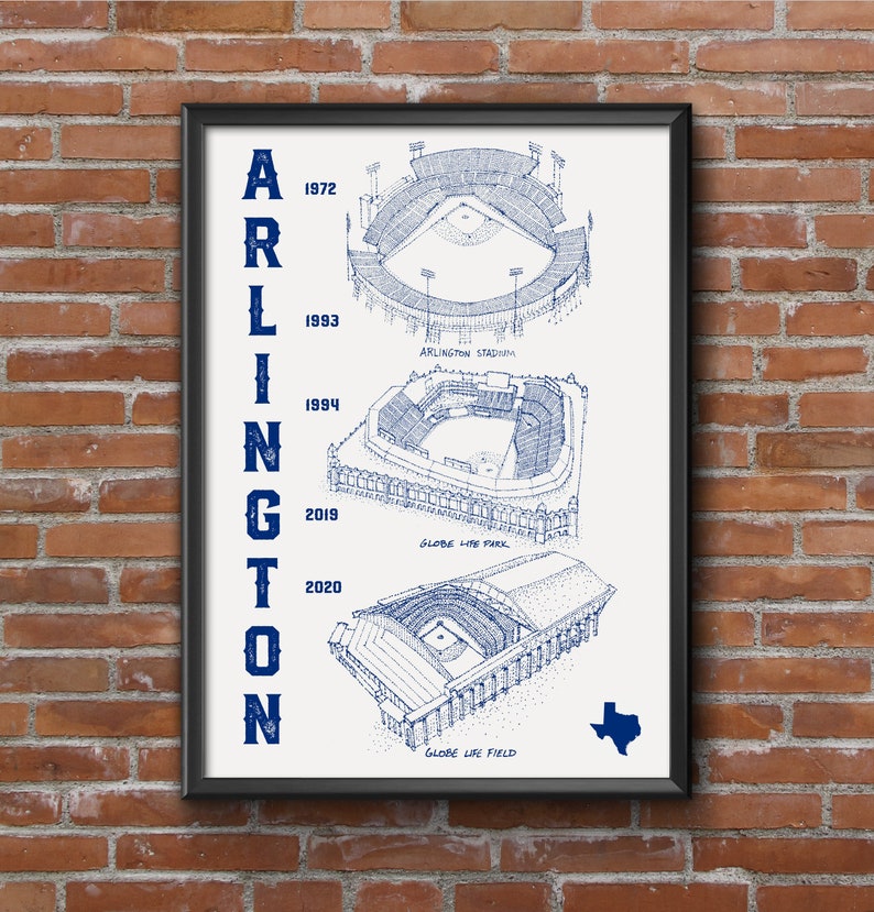 Texas Rangers Stadium 3 en 1 Print Texas Rangers Dessin pointillé Baseball Art Texas Rangers Art Globe Life image 3