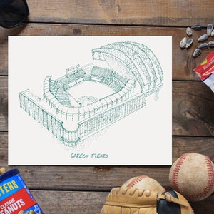 May include: A green line drawing of Safeco Field, a baseball stadium, on a white background. The drawing is surrounded by baseball-themed items, including a baseball glove, baseballs, sunflower seeds, and peanuts.