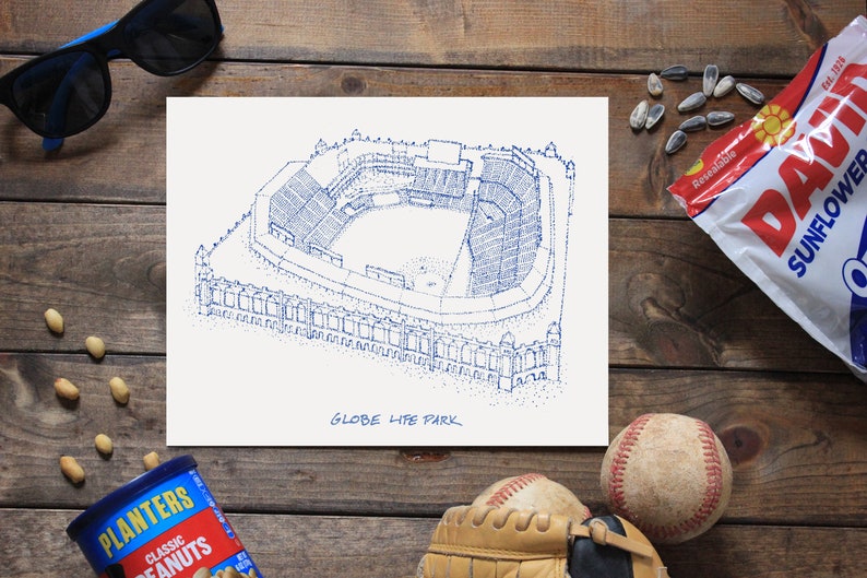 Globe Life Park Texas Rangers Stipple Art Print Baseball Art Texas Rangers Art Texas Rangers Print image 1