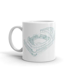 May include: White ceramic mug with a teal blue line drawing of a baseball stadium.