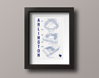 May include: A framed print of the evolution of the Texas Rangers baseball stadium in Arlington, Texas. The print shows the stadium's different iterations from 1972 to 2020, with the year and stadium name listed next to each image. The print is in a black frame and has a white background.