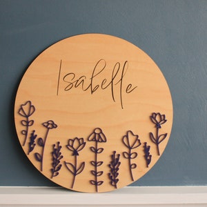 Round Floral Name Sign - Nursery Sign - Flowers - Personalized Name Sign