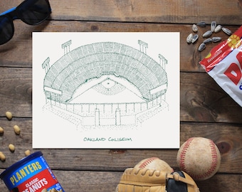 Oakland Coliseum - Oakland Athletics - Stipple Art Print - Baseball Art - Oakland Athletics Art - Oakland Athletics Print