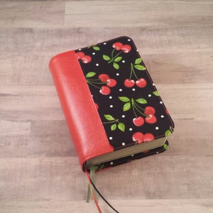 Custom Bible Cover: Handmade Retro Black and Red Cherries Fabric Book Cover