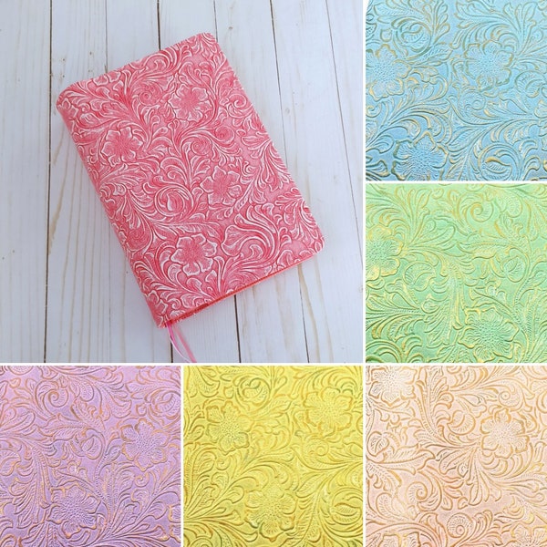 Custom Bible Cover - Handmade Book Binder Journal Planner Cover - Embossed Faux Leather Tooled Vinyl - Coral Purple Aqua Blue Green Yellow