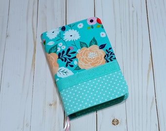Bible Cover Custom Handmade - Book Binder Journal Planner Cover Case - Aqua Peach White Turquoise Pink Spring Floral Flowers