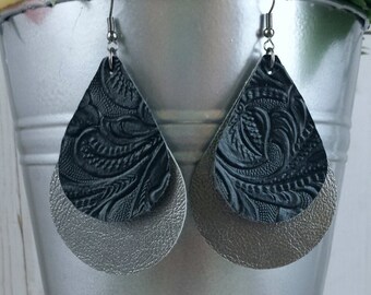 Faux Leather Earrings - Handmade Embossed Black Metallic Silver 2 Layer Western Boho Teardrop Nickel Free Jewelry