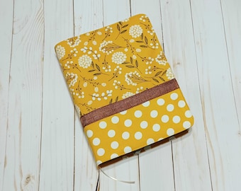 Custom Bible Cover - Handmade Book Binder Journal Planner Cover - Boho Floral Mustard Yellow Brown Woodlands Polka Dot Fabric Burlap ribbon