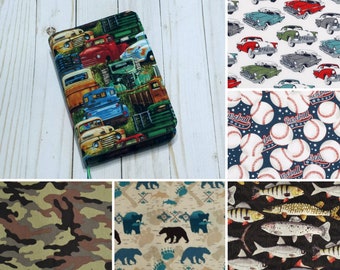 Custom Handmade Bible Cover - Book Binder Journal Planner Cover - Vintage Trucks Fish Bears Camo Baseball Fabric - Mens Boys Bible Case