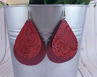 Faux Leather Earrings - Handmade Embossed Red Metallic Red 2 Layer Western Boho Teardrop Nickel Free Jewelry