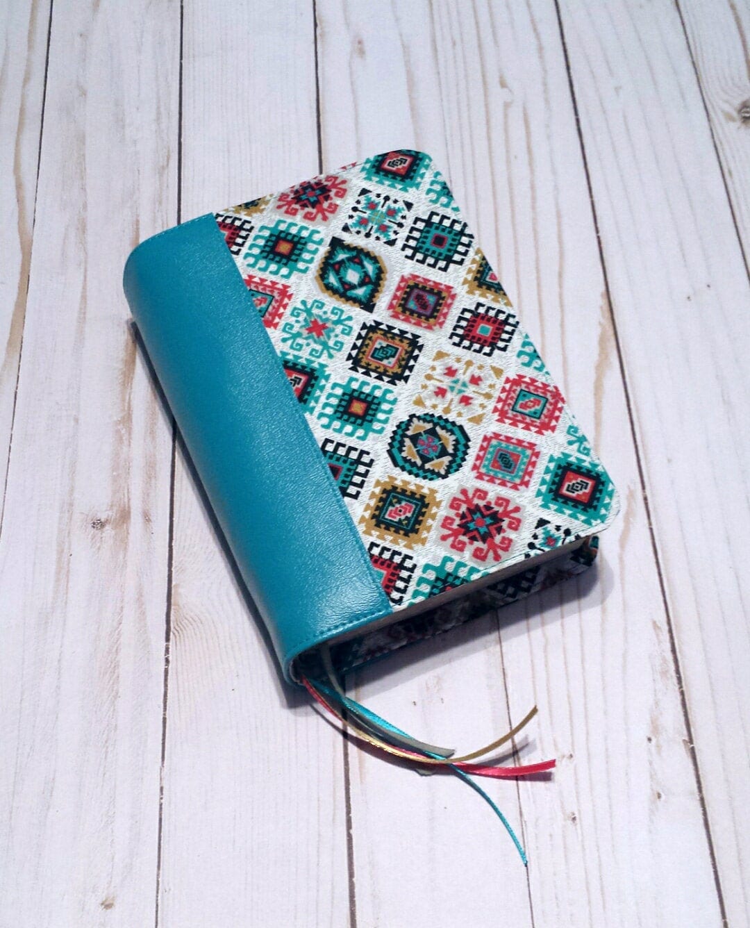 New World Translation Bible Cover: Handmade Blue and Pink Geometric Fabric