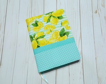 Bible Cover Custom Handmade - Book Binder Journal Planner Cover Case - Lemonade - Turquoise Stripes Yellow Lemons Fabric