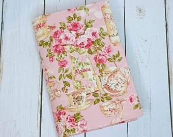 Custom Bible Cover: Handmade Rose Garden Tea For Two Pink Cotton Fabric Book Cover