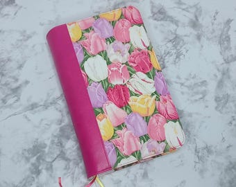 Custom Bible Cover: Handmade Pink Tulip Floral Fabric Book Cover