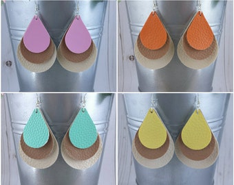 Faux Leather Earrings - Handmade Pink Aqua Yellow Orange Beige 3 Layer  Boho Teardrop Nickel Free jewelry