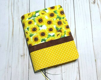 Bible Cover Custom Handmade - Book Binder Journal Planner Cover Case - Yellow Brown Green White Sunflower Floral Fabric and Burlap ribbon