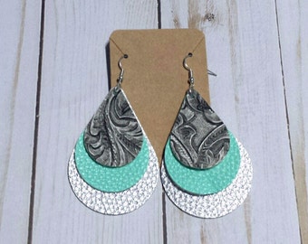 Embossed Faux Leather Earrings - Handmade Gray Aqua Silver 3 Layer Western Teardrop Nickel Free jewelry