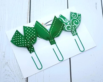 Ribbon Paperclip Bookmarks: Green Ribbon Page Marker, Journal Accessories