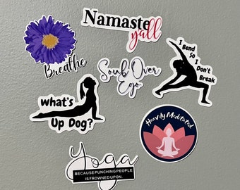 Yoga Sticker Pack, 7 - 2 inch glossy vinyl stickers with yoga/meditation quotes, sticker set for yogi’s or yogini’s.