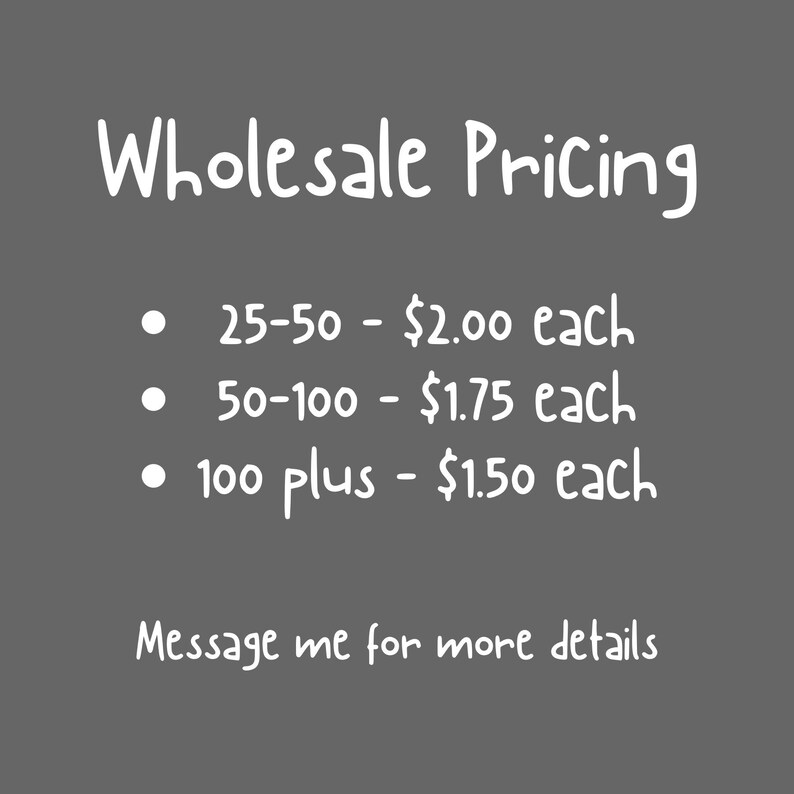 May include: Wholesale pricing information for a product. The pricing is based on the quantity ordered. 25-50 items cost $2.00 each, 50-100 items cost $1.75 each, and 100 or more items cost $1.50 each. The text also includes the message "Message me for more details."