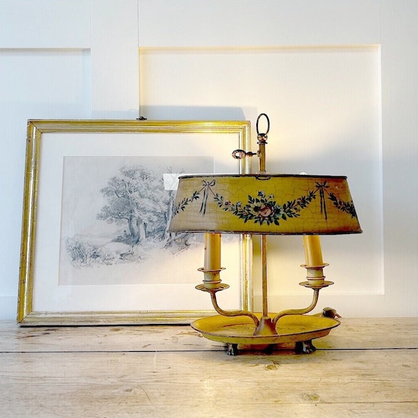 An Antique French Painted Toleware and Brass Twin Desk Lamp