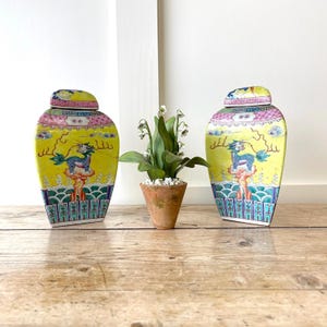 May include: Two yellow porcelain ginger jars with pink, blue, and green floral and dragon designs. The jars have lids and are sitting on a wooden surface with a small potted plant in front of them.