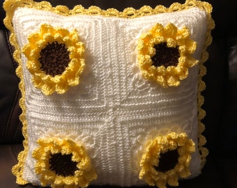 Handmade Crochet Sunflower pillow/ perfect accent to your couch/perfect for kids bedroom/decorative pillow (18 inch)