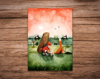 GARTENARBEIT Postkarte mit handgemalter Illustration für Kinder