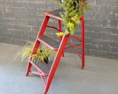 Vintage French red metal folding step stool, step ladders, ladder display, plant ladder display, industrial steps, retro decor