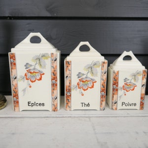French vintage ceramic storage canisters, set of 3. Antique French kitchen jars. Lidded storage jars, Oriental pattern, floral pattern,