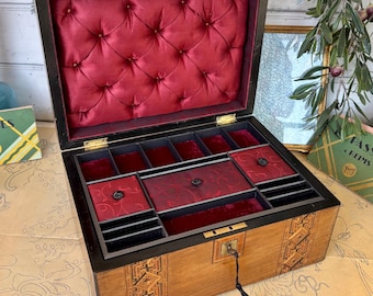 Antique English tunbridge marquetry banding inlaid jewellery box, red silk and velvet, trinket  box, treasure box, Victorian wooden box