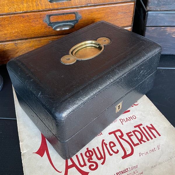 Antique leather covered vanity box, travel companion, travel box, perfume powder box, vintage travel vanity case, cosmetics box, groom kit