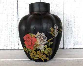English antique hand painted box, Victorian paper mâché decorative jar with lid, floral painted jar, handpainted birds, antique black pot