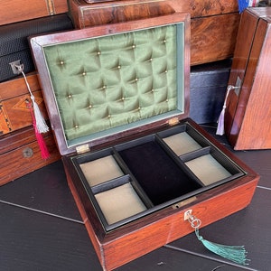 Antique rosewood and mother of pearl jewellery box with lock and key, black velvet green silk lined jewelry box, antique wooden jewelry box,